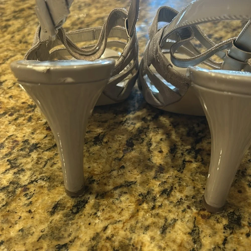 Anne Klein open toe, strap heels, beige/gray, size 10 | offer in description